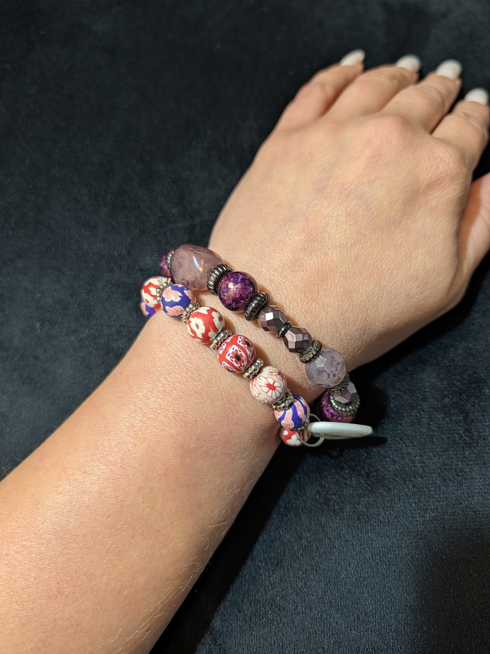 Lot of 2 Multicolor Beaded Stretch Bracelets w/ "Michelle" Dangle Charm